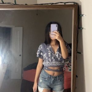 Blue Floral Crop Wrap Top